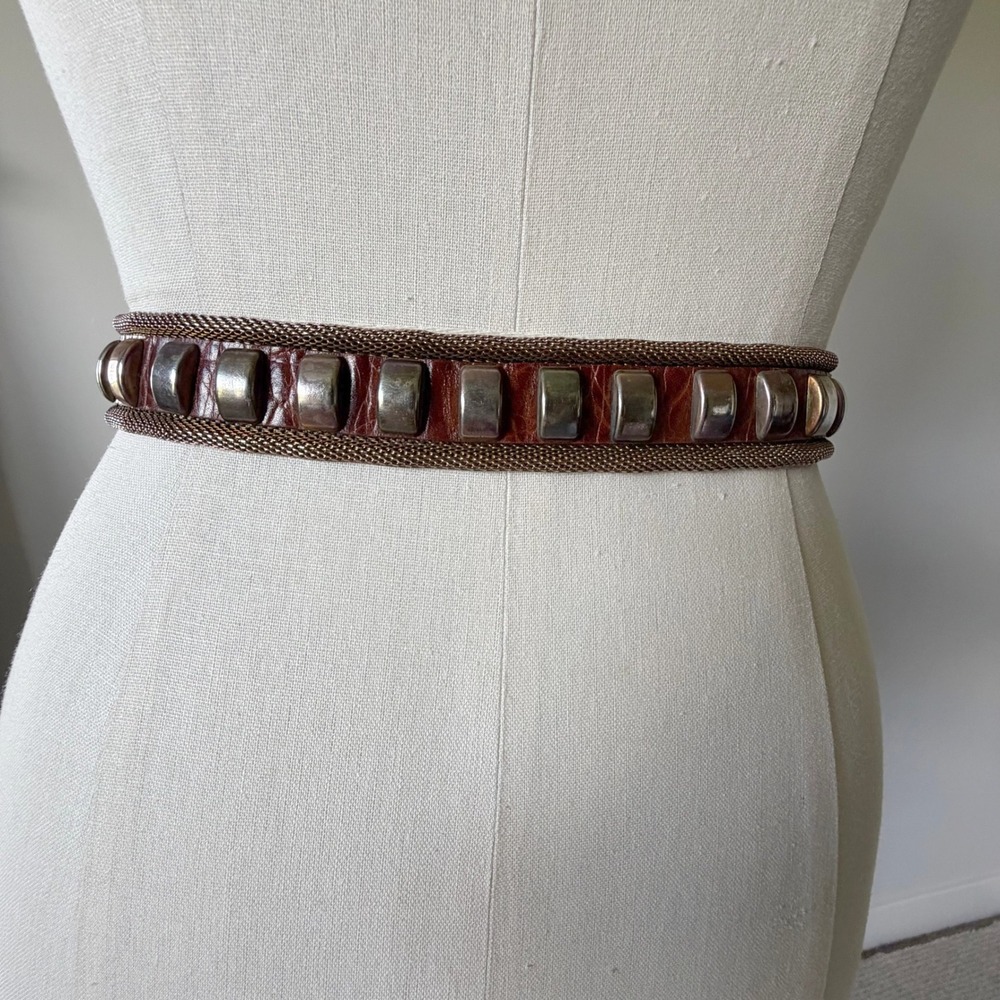 Vintage Brown Croc Leather Western Belt Brass Metal Mesh Studs Ornate Buckle 30" - Picture 3 of 13